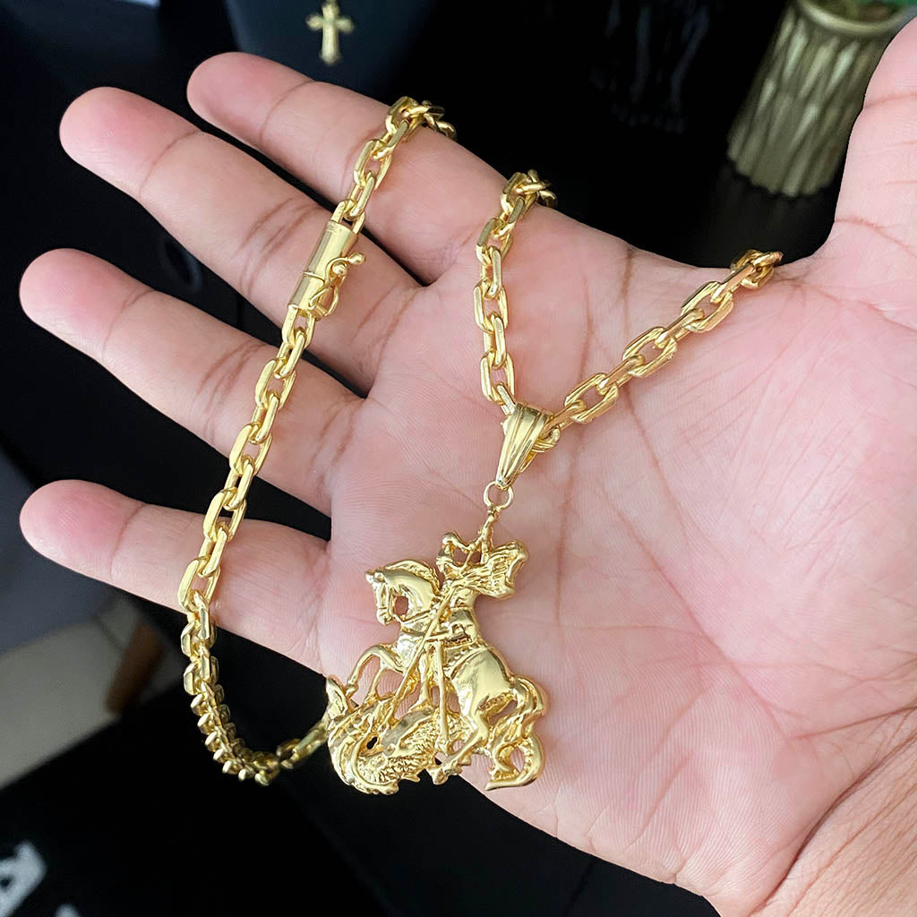 Corrente Cadeado 6mm e Pingente São Jorge 3D Banhado a Ouro 18K