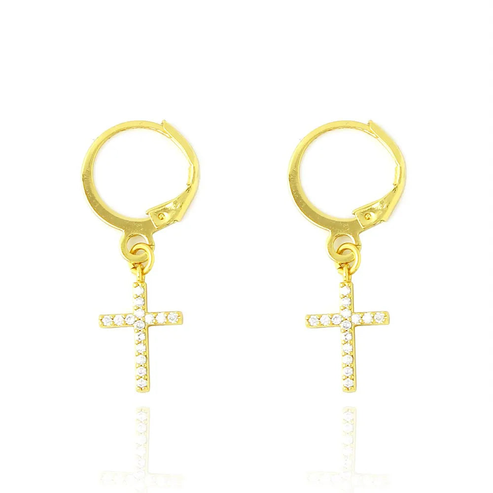 Brinco Argola Cruz Cravejada Banhado a Ouro 18K