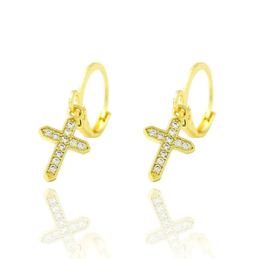 Brinco Argola Cruz Cravejada Borda Banhado a Ouro 18K