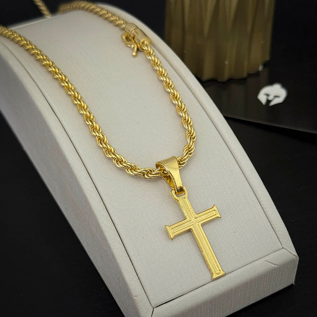 Corrente Baiana 5mm e Pingente Cruz Banhado a Ouro 18K