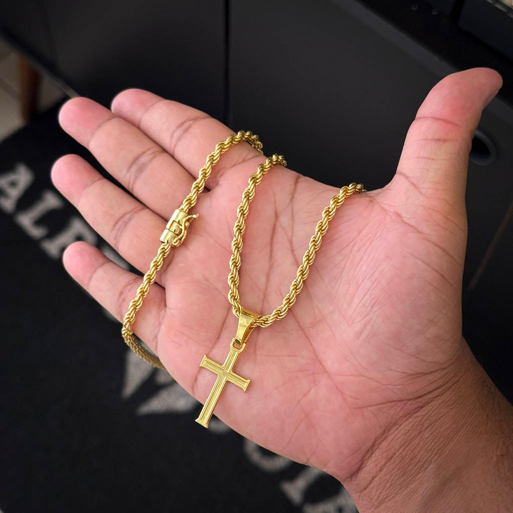 Corrente Baiana 5mm e Pingente Cruz Banhado a Ouro 18K