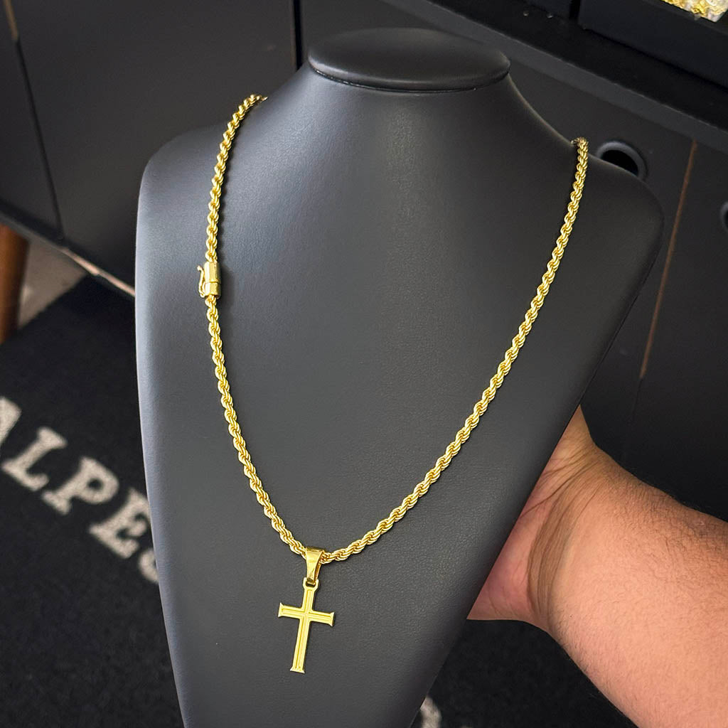 Corrente Baiana 5mm e Pingente Cruz Banhado a Ouro 18K