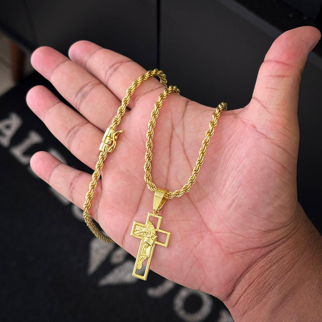 Corrente Baiana 5mm e Pingente Cruz Rosto Banhado a Ouro 18K