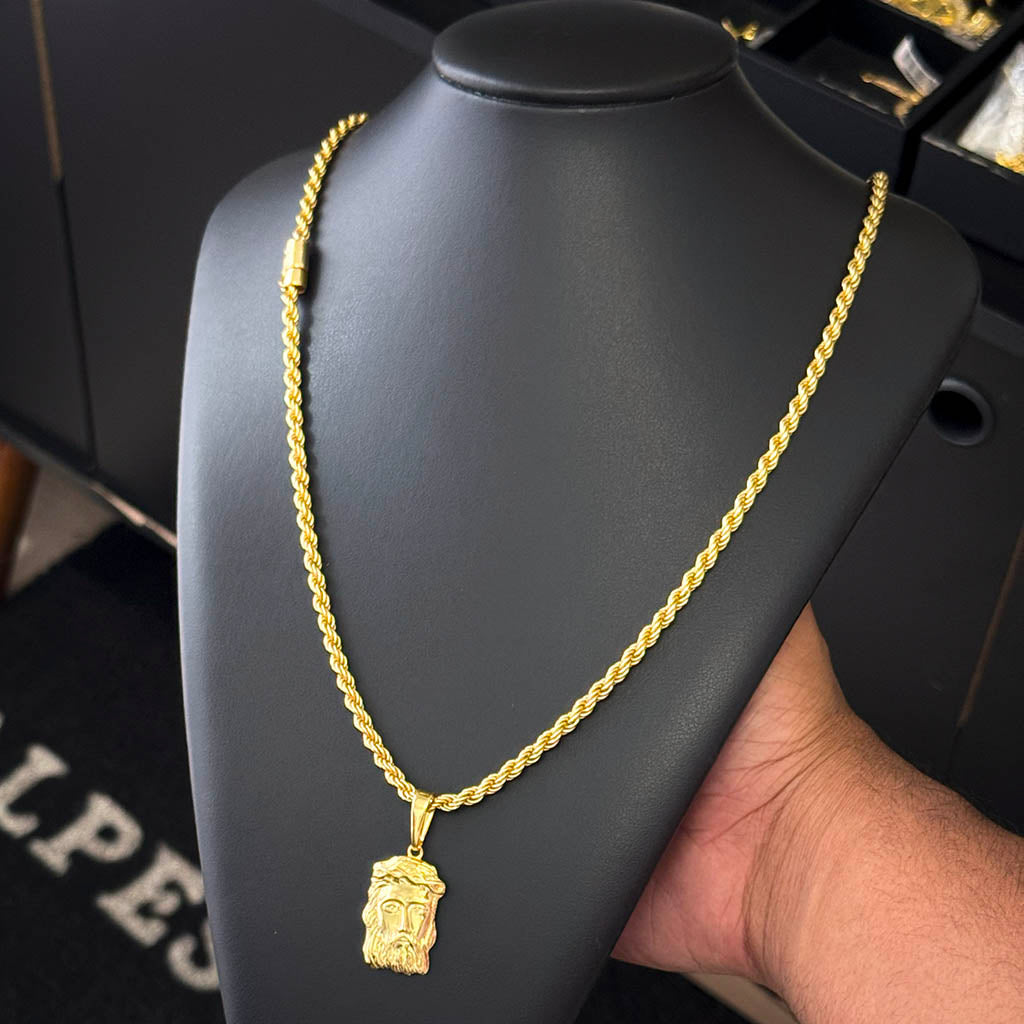 Corrente Baiana 5mm e Pingente Rosto de Cristo Banhado a Ouro 18K