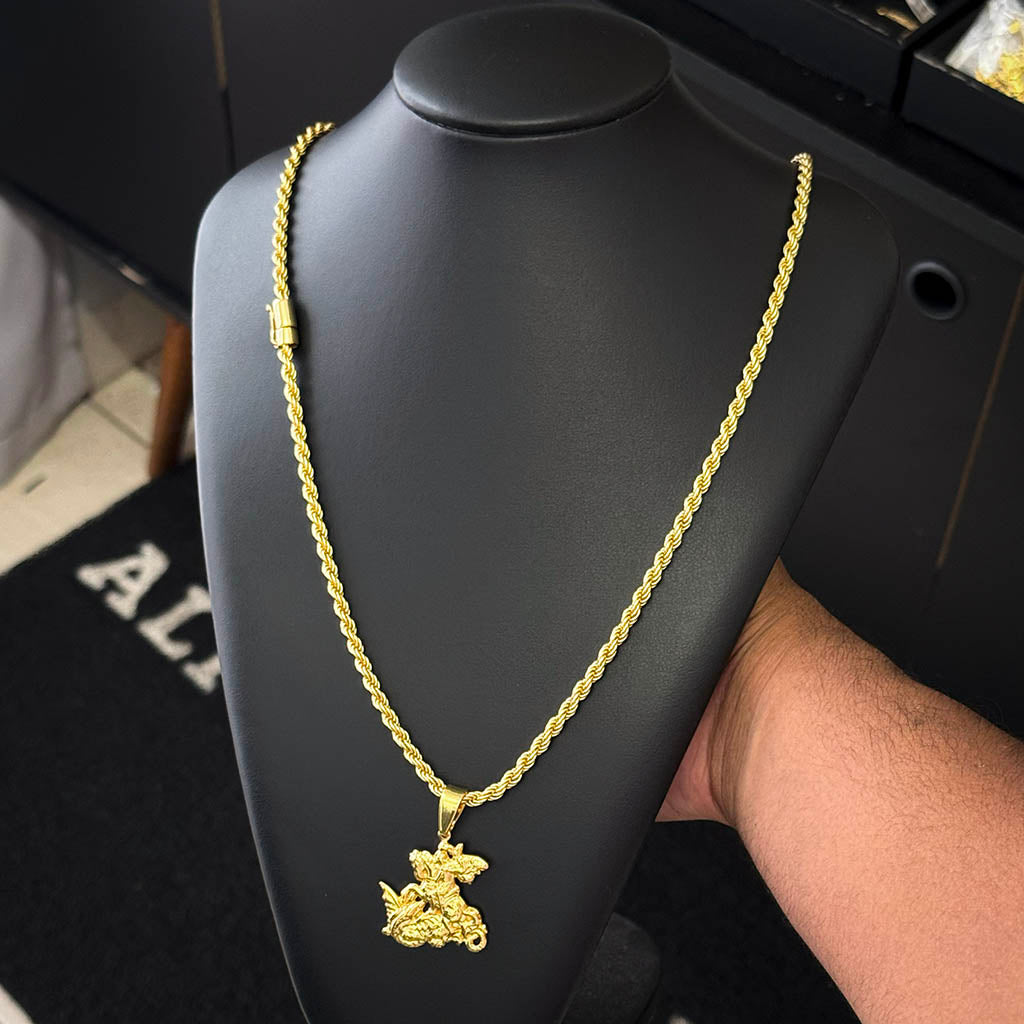 Corrente Baiana 5mm e Pingente São Jorge Banhado a Ouro 18K