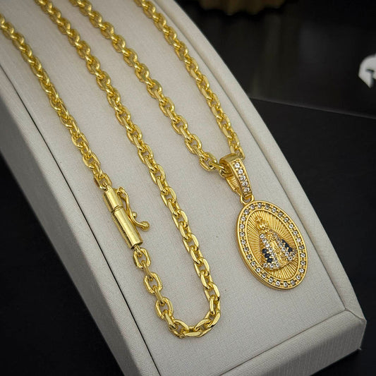 Corrente Cadeado 4mm e Pingente N. Sra. Aparecida Oval Banhado a Ouro 18K