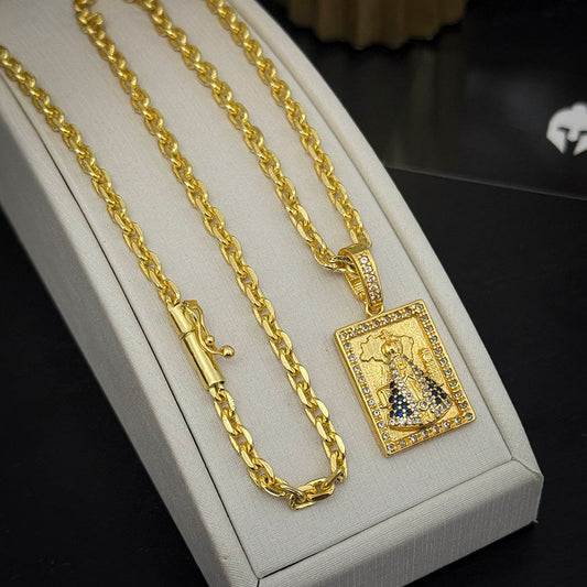 Corrente Cadeado 4mm e Pingente Santuário N. Sra. Aparecida Banhado a Ouro 18K