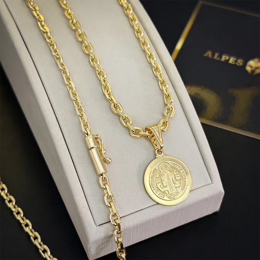 Corrente Cadeado 4mm e Pingente São Bento Banhado a Ouro 18K