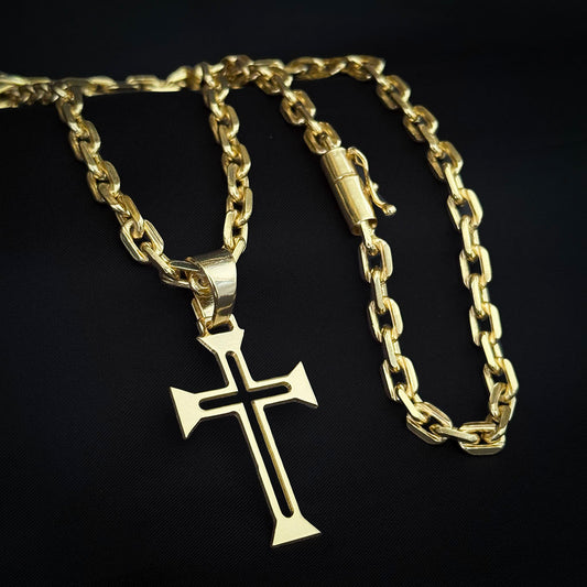 Corrente Cadeado 6mm e Pingente Cruz Ponta Banhado a Ouro 18K