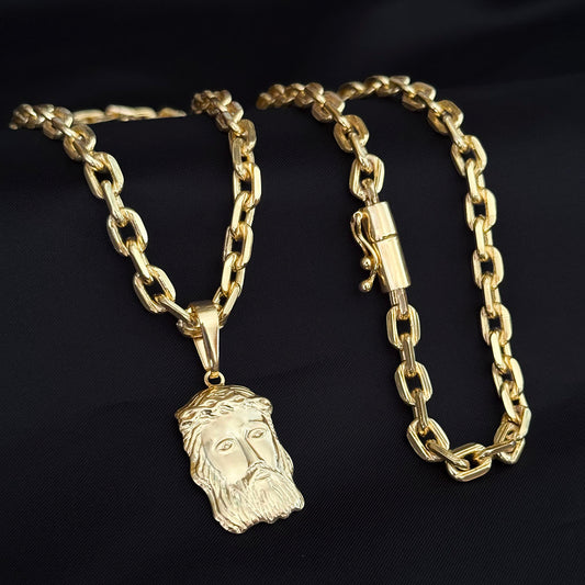 Corrente Cadeado 6mm e Pingente Face de Jesus Banhado a Ouro 18K