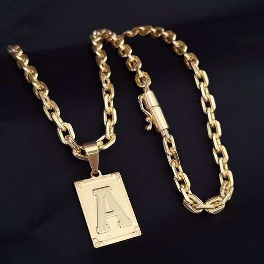 Corrente Cadeado 6mm e Pingente Letra Banhado a Ouro 18K