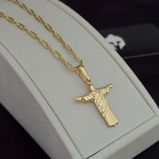 Corrente Cadeado Alongado 3mm e Pingente Cristo Redentor Banhado a Ouro 18K
