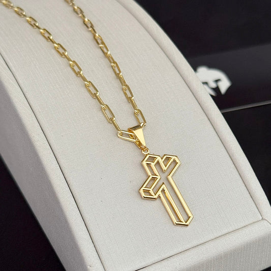 Corrente Cadeado Alongado 3mm e Pingente Cruz 3D Banhado a Ouro 18K