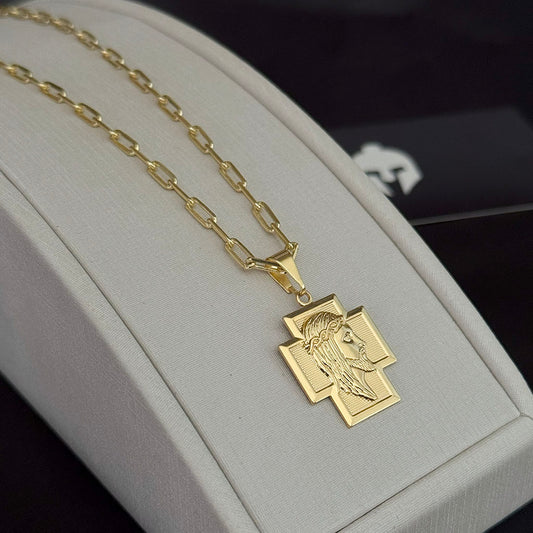 Corrente Cadeado Alongado 3mm e Pingente Cruz Jesus Banhado a Ouro 18K