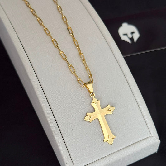 Corrente Cadeado Alongado 3mm e Pingente Cruz Ponta Aberta Banhado a Ouro 18K