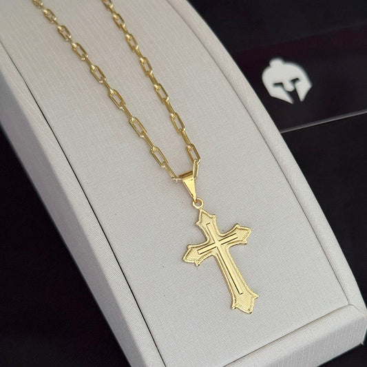 Corrente Cadeado Alongado 3mm e Pingente Cruz Relevo Banhado a Ouro 18K