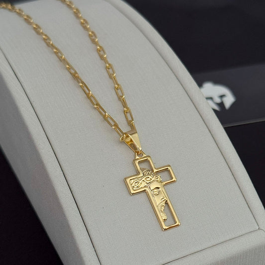 Corrente Cadeado Alongado 3mm e Pingente Cruz Rosto de Cristo Banhado a Ouro 18K