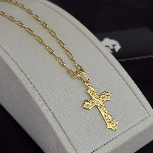 Corrente Cadeado Alongado 3mm e Pingente Cruz Trançada Banhado a Ouro 18K