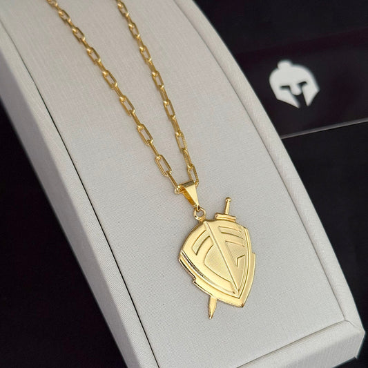 Corrente Cadeado Alongado 3mm e Pingente Escudo da Fé Banhado a Ouro 18K