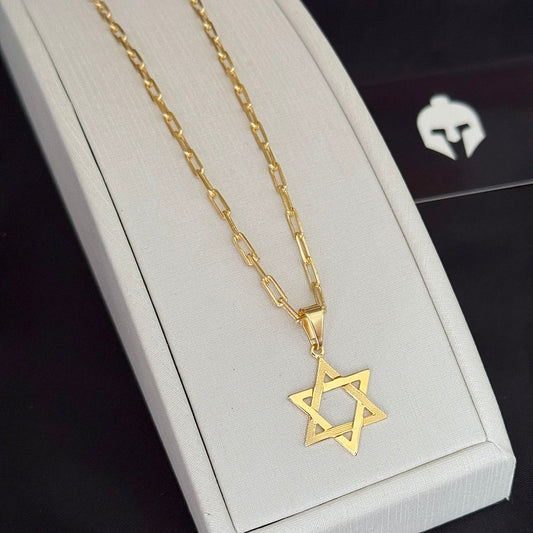 Corrente Cadeado Alongado 3mm e Pingente Estrela de Davi Banhado a Ouro 18K