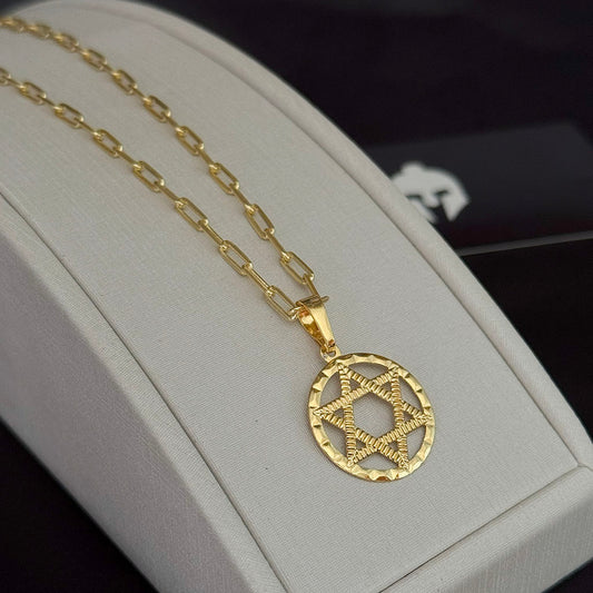 Corrente Cadeado Alongado 3mm e Pingente Estrela de Davi Detalhada Banhado a Ouro 18K