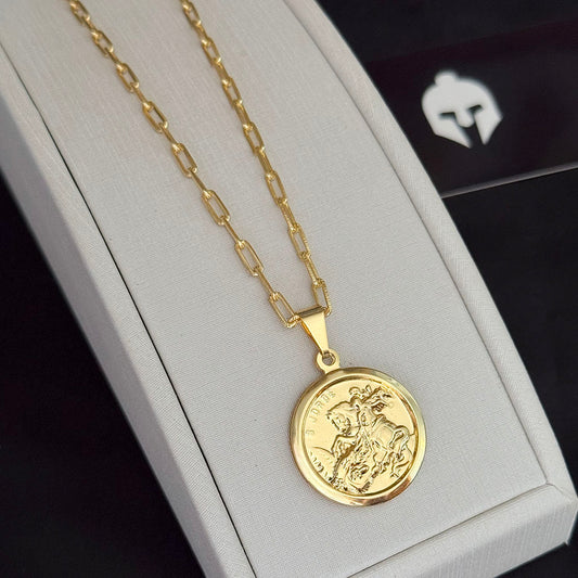 Corrente Cadeado Alongado 3mm e Pingente Medalha São Jorge Banhado a Ouro 18K