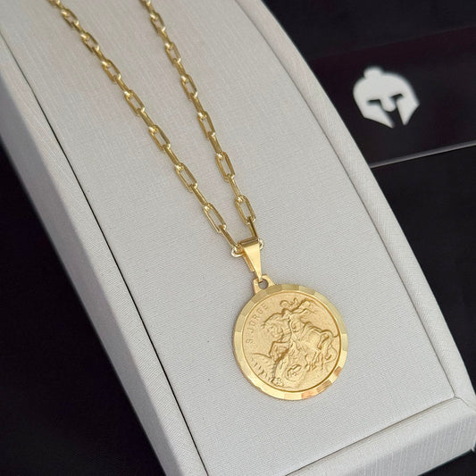 Corrente Cadeado Alongado 3mm e Pingente Medalha São Jorge Sextavado Banhado a Ouro 18K