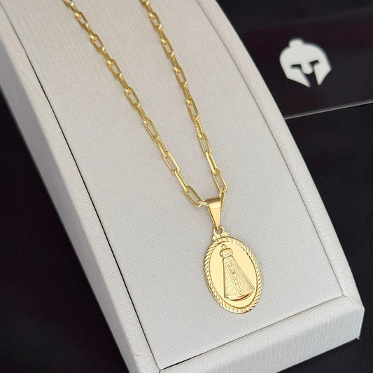 Corrente Cadeado Alongado 3mm e Pingente Nossa Senhora Aparecida Oval Banhado a Ouro 18K