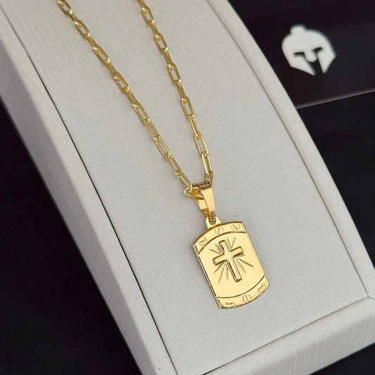 Corrente Cadeado Alongado 3mm e Pingente Placa Cruz Parafuso Banhado a Ouro 18K