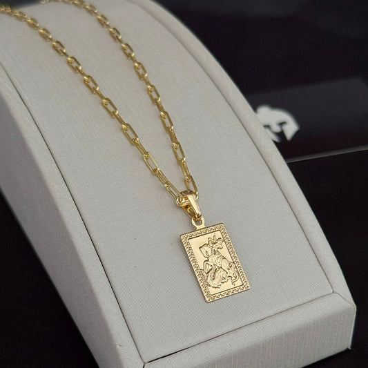 Corrente Cadeado Alongado 3mm e Pingente Placa São Jorge Banhado a Ouro 18K