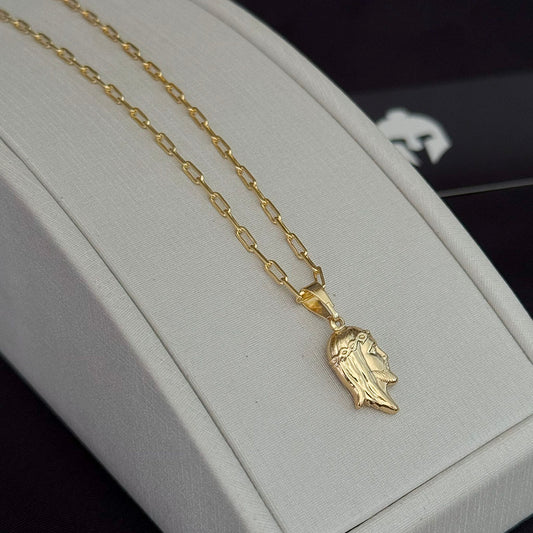 Corrente Cadeado Alongado 3mm e Pingente Rosto de Cristo Lateral Banhado a Ouro 18K