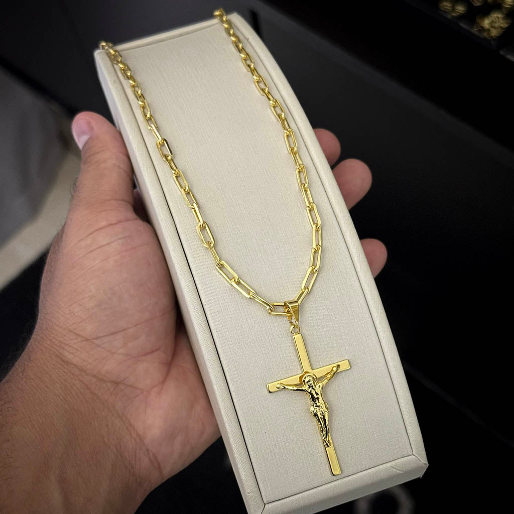 Corrente Cadeado Alongado 4mm e Pingente Crucifixo 3D Banhado a Ouro 18K