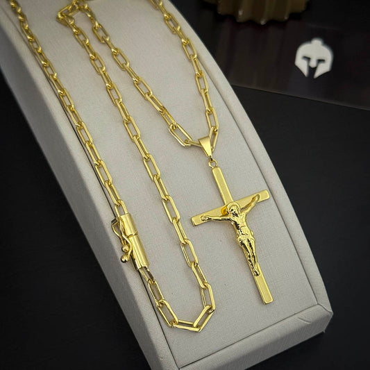 Corrente Cadeado Alongado 4mm e Pingente Crucifixo 3D Banhado a Ouro 18K