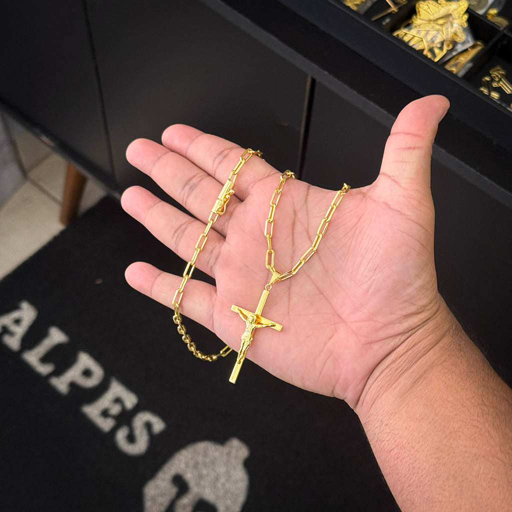 Corrente Cadeado Alongado 4mm e Pingente Crucifixo 3D Banhado a Ouro 18K