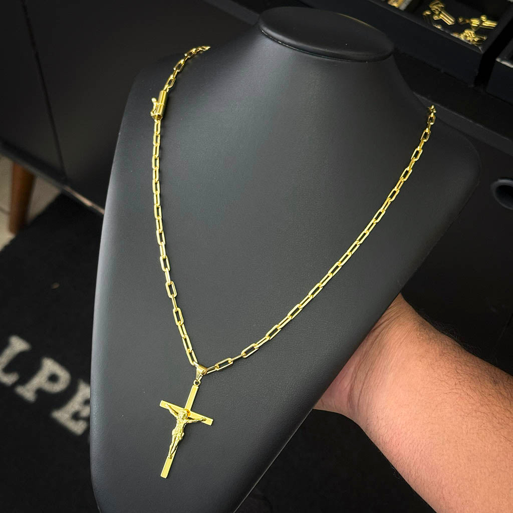Corrente Cadeado Alongado 4mm e Pingente Crucifixo 3D Banhado a Ouro 18K