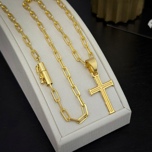 Corrente Cadeado Alongado 4mm e Pingente Cruz Banhado a Ouro 18K