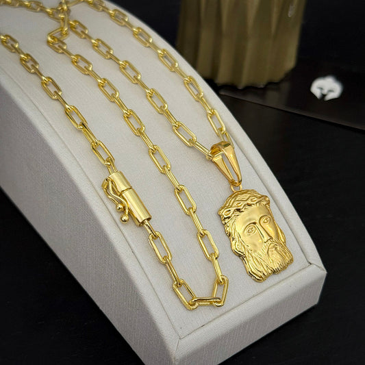 Corrente Cadeado Alongado 4mm e Pingente Face de Jesus Banhado a Ouro 18K