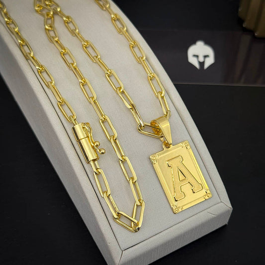 Corrente Cadeado Alongado 6mm e Pingente Letra Banhado a Ouro 18K