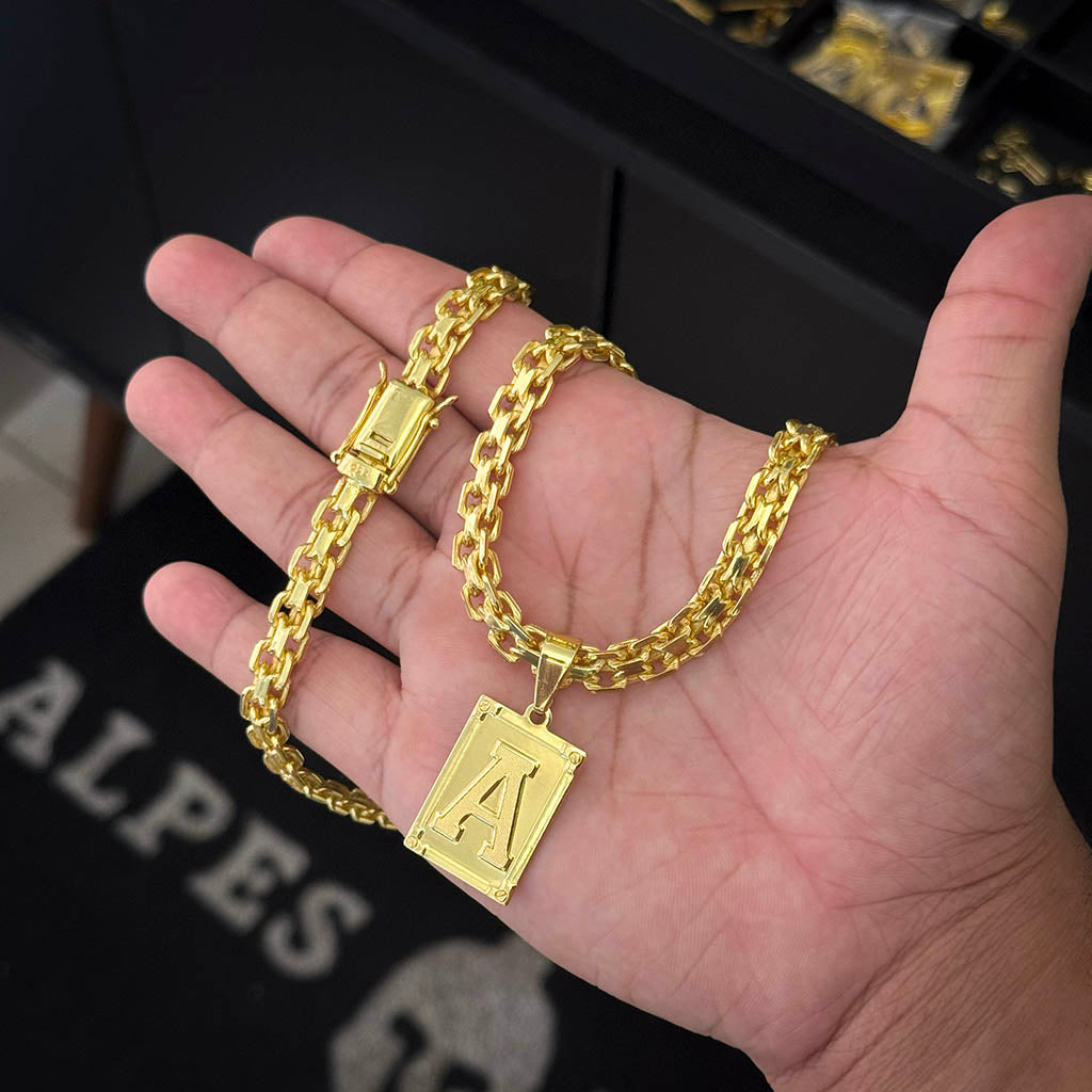 Corrente Cadeado Duplo 10mm e Pingente Letra Banhado a Ouro 18K