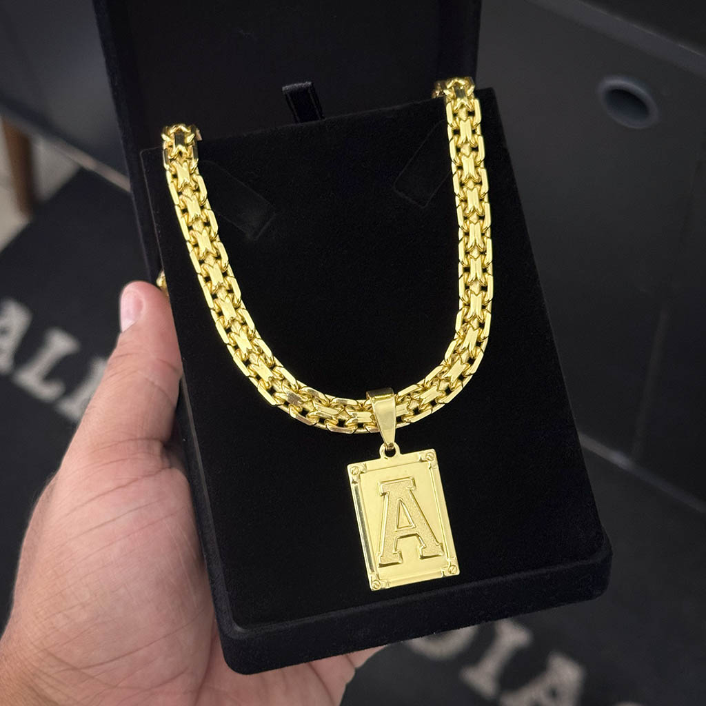 Corrente Cadeado Duplo 10mm e Pingente Letra Banhado a Ouro 18K