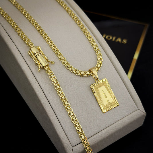 Corrente Cadeado Duplo 4mm e Pingente Letra Banhado a Ouro 18K