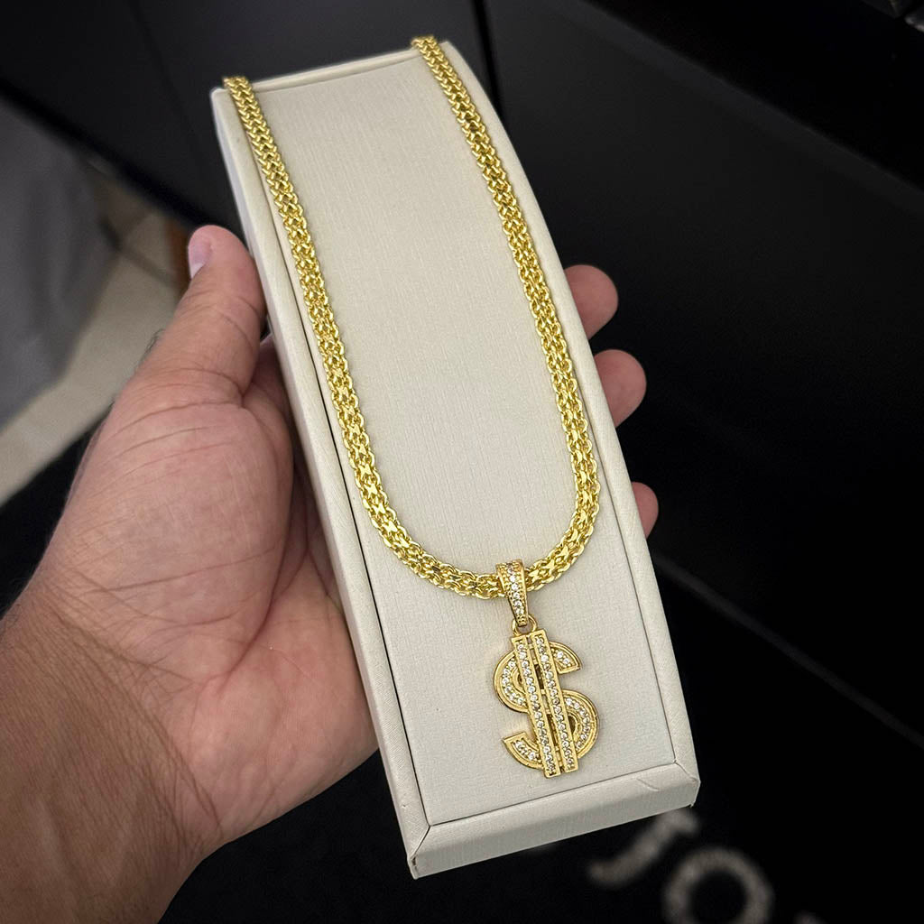 Corrente Cadeado Duplo 6mm e Pingente Cifrão Cravejado Banhado a Ouro 18K