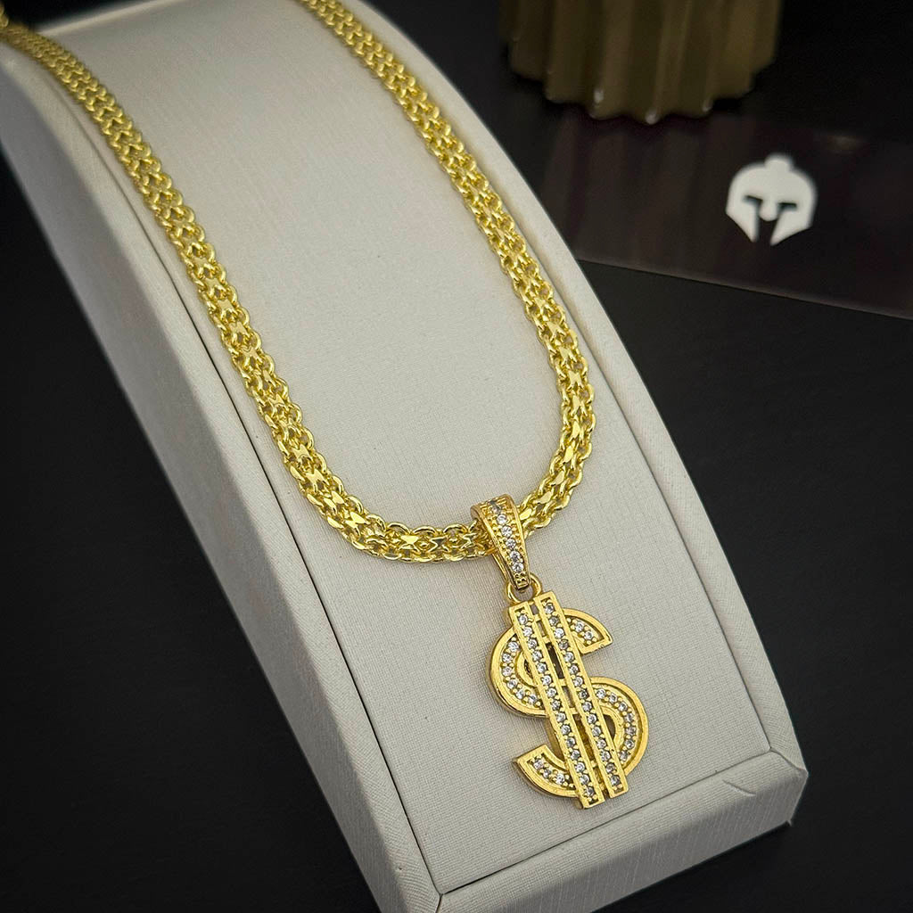 Corrente Cadeado Duplo 6mm e Pingente Cifrão Cravejado Banhado a Ouro 18K