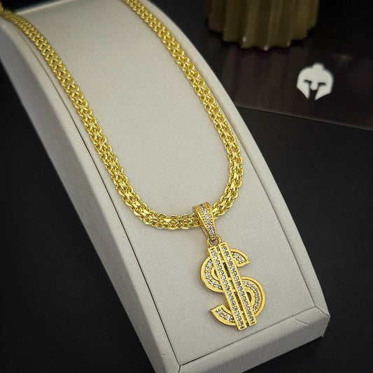 Corrente Cadeado Duplo 6mm e Pingente Cifrão Cravejado Banhado a Ouro 18K