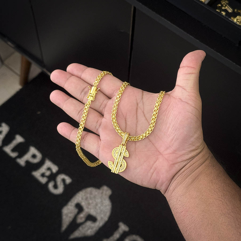 Corrente Cadeado Duplo 6mm e Pingente Cifrão Cravejado Banhado a Ouro 18K