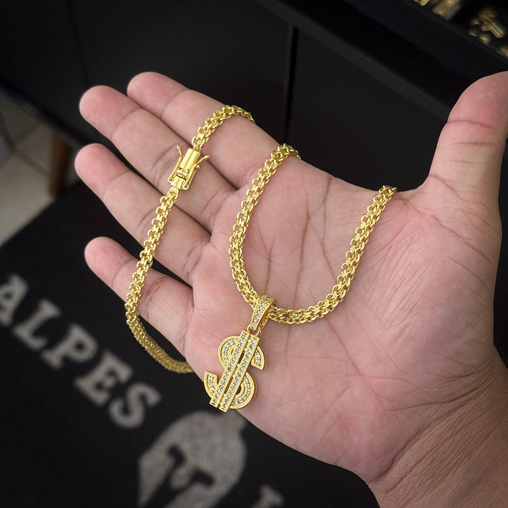 Corrente Cadeado Duplo 6mm e Pingente Cifrão Cravejado Banhado a Ouro 18K