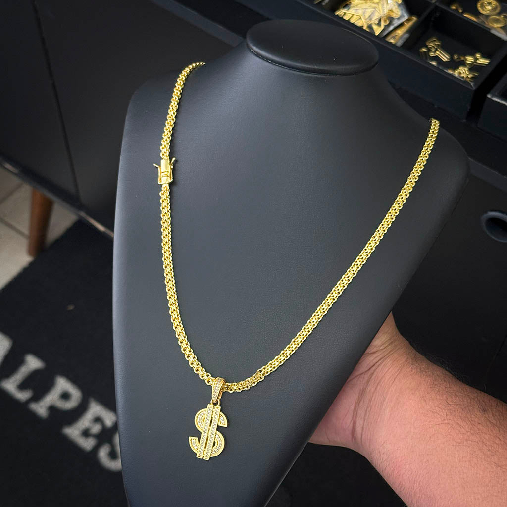 Corrente Cadeado Duplo 6mm e Pingente Cifrão Cravejado Banhado a Ouro 18K