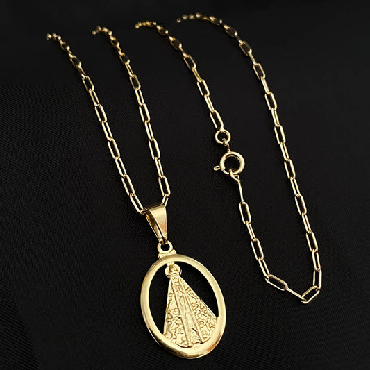 Corrente Cartie 2mm e Pingente Nossa Senhora Aparecida Vazada Banhado a Ouro 18K