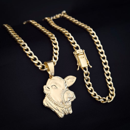 Corrente Cubana 6mm e Pingente Boi Nelore Banhado a Ouro 18K