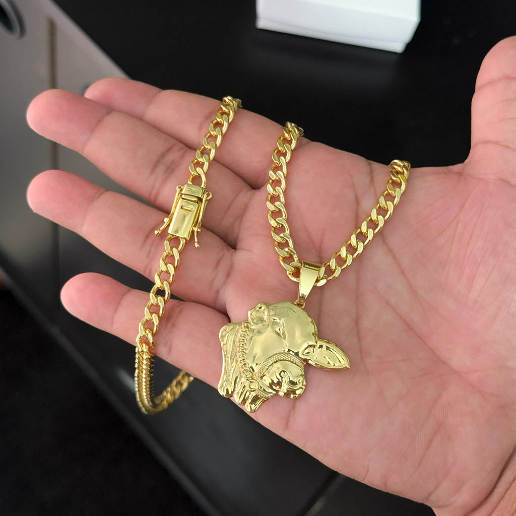Corrente Cubana 6mm e Pingente Boi Nelore Banhado a Ouro 18K